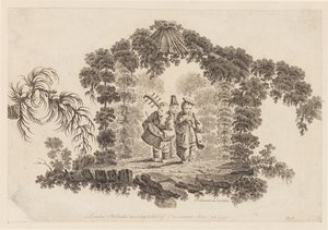 Tre figurer som spelar musikinstrument, från "Samling av flera kinesiska barnspel" av Jean Baptiste Pillement