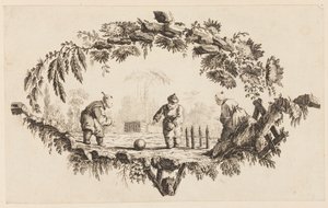 Tre figurer som leker med en boll, från "Samling av flera kinesiska barnspel" av Jean Baptiste Pillement