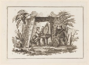 Kvinnor som tittar i spegeln, från "Ny anteckningsbok med sex ark av olika historiska kinesiska ämnen" av Jean Baptiste Pillement