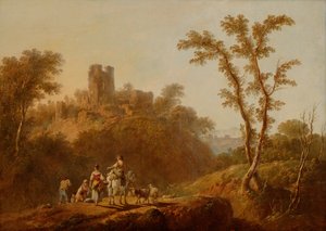 Skogbevuxet kuperat landskap med bönder (olja på duk) av Jean Baptiste Pillement