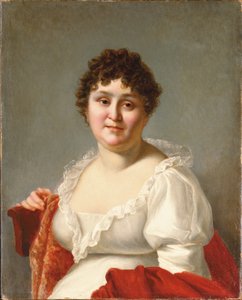 Porträtt av Madame Regnault, bystlång, i vit klänning och persimmonsjal (olja på duk) av Jean Baptiste Regnault