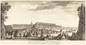 Utsikt över slottet i Versailles tagen från sidan av terrassen mittemot kapellet