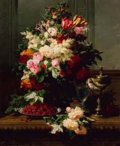 Ett stilleben av rosor, tulpaner och andra blommor på en tysk kompott