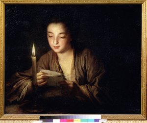 Flicka med ett ljus. Målning av Jean Baptiste Santerre (1658-1717). Olja på duk, 64 x 79 cm, ca 1700. Fransk 1700-talskonst. Pushkin Museum of Fine Arts, Moskva.