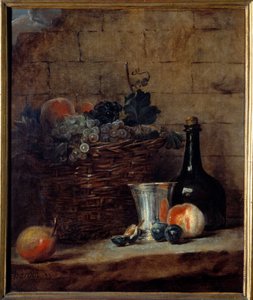 Korg med vita och svarta druvor, silverbägare och flaska Målning av Jean Baptiste Simeon Chardin (1699-1779) 1700-talets sön. 0,69x0,58 m av Jean Baptiste Simeon Chardin