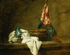 Rödbetor, en kryddlåda, en disktrasa, en gryta, en glaserad lergodsplatta, en skummare, med kött på en krok, på en avsats, 1734 av Jean Baptiste Simeon Chardin