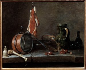 Fet meny och köksredskap. Fortfarande liv. Målning av Jean Baptiste Simeon Chardin (1699-1779) av Jean-Baptiste Simeon Chardin