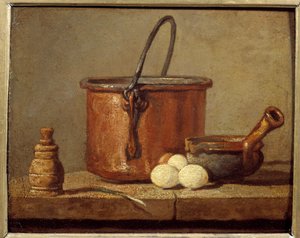 Köksredskap, kittel, poelon och ägg Målning av Jean baptiste Simeon Chardin (1699-1779) 1700-tal sön. 0,21 x 0,17 m av Jean Baptiste Simeon Chardin