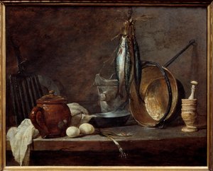 Meny med magert och köksredskap. Fortfarande liv. Målning av Jean Baptiste Simeon Chardin (1699-1779) av Jean-Baptiste Simeon Chardin