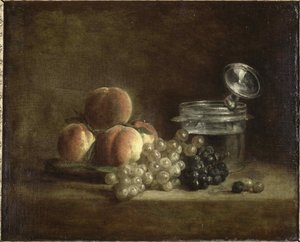Persikor och vindruvor. av Jean-Baptiste Simeon Chardin