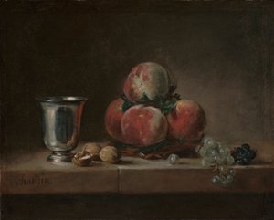 Stilleben med persikor, en silverbägare, vindruvor och valnötter, ca 1759-60 (olja på duk)