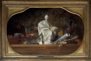 Attributen av Arts Allegory of the arts med skulptörsverktyg, statyett. Målning av Jean Baptiste Simeon Chardin (1699-1779) 1765 sön. 0,91x1,45 m av Jean Baptiste Simeon Chardin