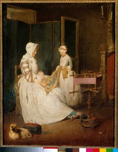 Den arbetande mamman En mamma hjälpt av sin dotter som broderar och använder en chedder. Målning av Jean Baptiste Simeon Chardin (1699-1779) 1700-talets sön. 0,4x0,39 m av Jean-Baptiste Simeon Chardin