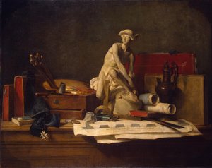Franska:  Nature morte avec des attributs des Arts Stilla liv med konstens attribut av Jean-Baptiste Simeon Chardin