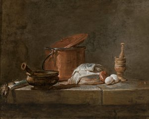 Purjolök, en gryta med duk, en koppargryta med lock, en lök och ägg med mortelstöt, på en stenavsats av Jean-Baptiste Simeon Chardin