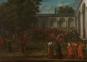 Cornelis Calkoen på väg till sin publik med sultan Ahmed III, ca 1727-30