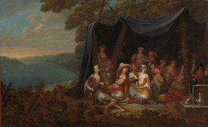 Trädgårdsfest med turkiska hovmän under ett tält, ca 1720-37