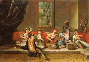 Grekiska sjömän glada i en interiör av Jean Baptiste Vanmour