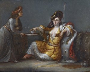 ""Sultana som tar sitt kaffe"" (Sultana tar kaffe) Målning från Jean Baptistes skola (Jean-Baptiste) Vanmour (Van Mour) (1671-1737) Privat samling av Jean Baptiste Vanmour