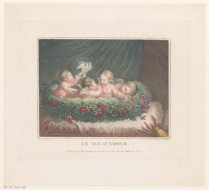 Fyra putti med två duvor i en korg med rosor på en kudde Le Nid d
