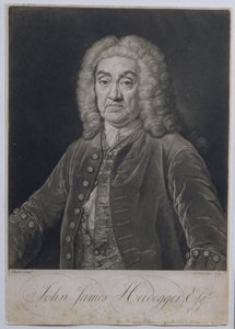 Porträtt av John James Heidegger (1666-1749), schweizisk impresario i London, graverat av John Faber (1684-1756), 1749