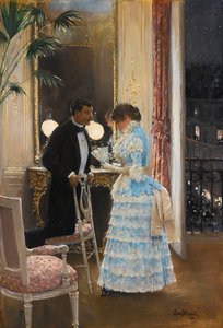 En konversation av Beraud, Jean (1849-1936). Olja på duk, storlek: 55,9x39,3, , Privat samling av Jean Beraud
