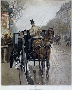 Elegant kvinna i en vagn i Paris: "We returnees" - illustration av Jean BERAUD (1849 - 1935), sent 1800-tal. av Jean Beraud