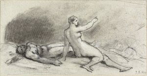 Naken kvinna sitter med naken man sover (recto); Kvinnlig torso sedd bakifrån (verso) av Jean Beraud