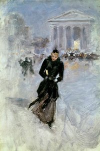 Ung elegant kvinna vid boan i rue Royale i Paris Målning av Jean Beraud (1849-1935) 1900-talsturer, Musee des Beaux Arts av Jean Beraud
