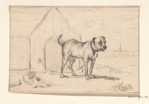 Kopplade hund, stående framför sin kennel av Jean Bernard