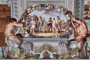 Acete, som hålls fången av två soldater, berättar om Bacchus gärningar för Pentheus och hans följe av krigare