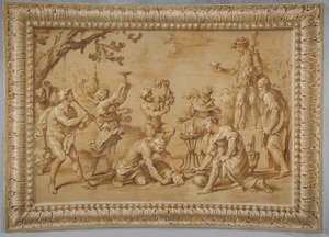 Fuskförgylld relief, med Bacchus och en offerscen