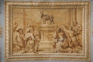 Falskt förgylld relief, med geten placerad på det historiserade altaret och omgiven av figurer i tillbedjan.