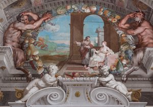 En av de fyrtioen panelerna med scener som berättar om händelserna kring Bacchus av Jean Boulanger