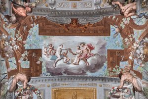Venus ger Ariadne kronan; på molnen ger Venus, omgiven av amoriner, Vulcans krona till Ariadne som sitter bredvid Bacchus
