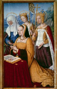 Porträtt av Anne av Bretagne (1477-1514), Frankrikes drottning, i bön med sina heliga skyddshelgoninnor, den heliga Anne, den heliga Helene och den heliga Ursule Miniatyr från "Anne av Bretagnes stora timmar" av Jean Bourdichon (1457-1521) 1503-1508. Paris av Jean Bourdichon