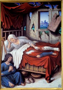 En fattig mans död. En kvinna vid sängen av en döende man, be. Målning av Jean Bourdichon (v.1457-1521)