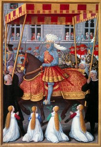 Kung Ludvig XII:s (1462-1515) triumferande entré till Genes i april 1507 Miniatyr hämtad från "Le voyage a Genes"" av Jean Marot (1450-1526) upplyst av Jean Bourdichon (1457-1521) 1508. Paris, B.N.