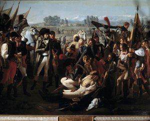 General Charles Antoine Desaix de Veygoux (1768-1800) död i slaget vid Marengo den 14/06/1800 under ögonen på Napoleon Bonaparte (1769-1821) Detalj. Målning av Jean Broc (1771-1850) 1800-talet. Dämpa. 3,2x4,5 m.