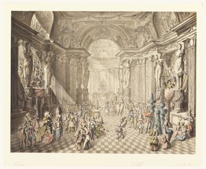Teckning, vy över maskeradbal, 1770-80 av Jean Charles Delafosse