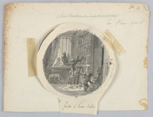 Design för en målad porslinstallrik, frukter i plommonsprit för Services des Objets de Dessert (dessertservice) av Jean Charles Develly