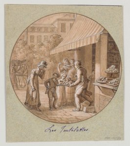 Design för en målad porslinstallrik, Les Tartelettes (Små tårtor) för Service des Objets de Desserts (Dessertservice) av Jean Charles Develly