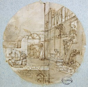 Frimurarens verkstad, plåtdesign för en tjänst som visar olika yrken, ca 1820-35 (penna och bläck samt tvätt och gouache på papper) av Jean Charles Develly