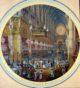 Kröningen av Karl X (1757-1836) i katedralen i Reims 28/05/1825 Målning av en akvarell för ett gueridonprojekt av Jean Charles Develly (1783-1862) 1825 Diam. 0,37m. Sevres. Porslinstillverkning