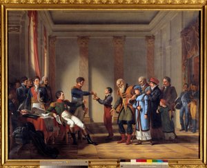 Kejsar Napoleon I:s välgörenhet (1769-1821) under den polska kampanjen i januari 1807: Kejsaren gav en pension på hundra napoleoner till Nerocki, 117 år Målning av John Charles Tardieu (1765-1830) 1800-talets sön. 1,15x1,46 m - Emp