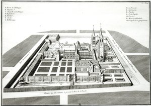 Vy över klostret Saint-Germain-des-Pres före 1640, graverad av Antoine Herisset (1685-1769) av Jean Chaufourier