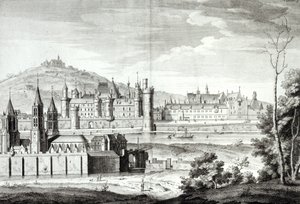 Utsikt över klostret Saint-Germain-des-Pres, Louvren, Petit Bourbon, Montmartre och Seine 1410, graverad av Antoine Herisset (1685-1769) av Jean Chaufourier