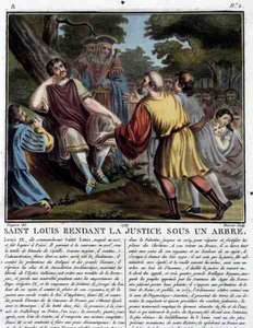Saint Louis (1215-70) gör rättvisa under ett träd, graverad av Jean Baptiste Morret (fl. 1790-1820) 1789 (färgad gravyr) av Jean Claude (after) Naigeon