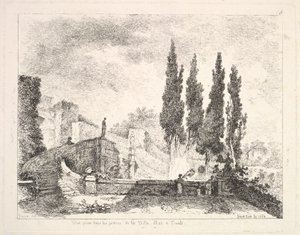 Utsikt över trädgårdarna vid Villa dEste i Tivoli, cyperns träd till höger, en trappa leder..., 1764. av Jean Claude Richard Saint Non