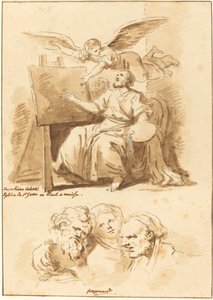 Saint Luke vid hans staffli och fyra uttrycksfulla huvuden av Jean Claude Richard de Saint Non after Jean Honoré Fragonard after Andrea Celesti